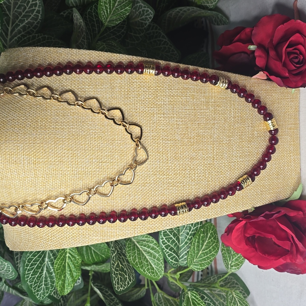 Gold Tone & Red Beaded 2 Necklace Set